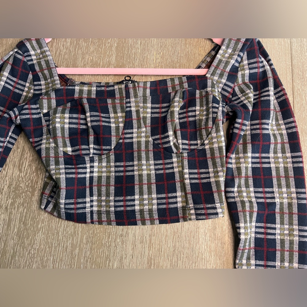Free People Plaid Long Sleeve Crop Top